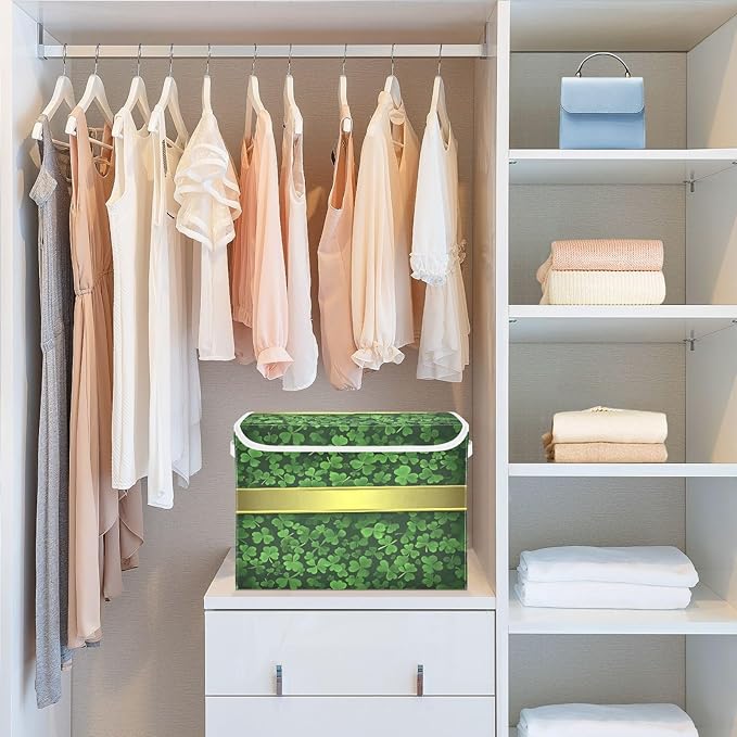 Christmas Storage Baskets with Lids St. Patrick's Day Collapsible Bins Stackable Fabric Linen Baskets Closet Organizer Container 16.5x12.6x11.8