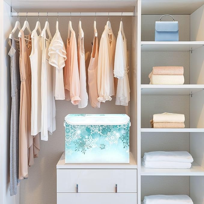 Senya Collapsible Storage Bins with Lids Silver Winter Teal Turquoise Snowflakes Christmas Storage Boxes Clothes Baskets for Organizing