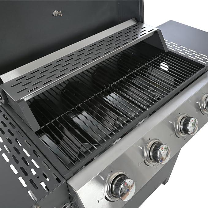 Patio Propane Gas Grill Stainless Steel 4-Burner BBQ Grill with Top Cover Lid Spacious Cooking Area and 2 Side Shelves for Outdoor Patio Garden Picnic Backyard Black
