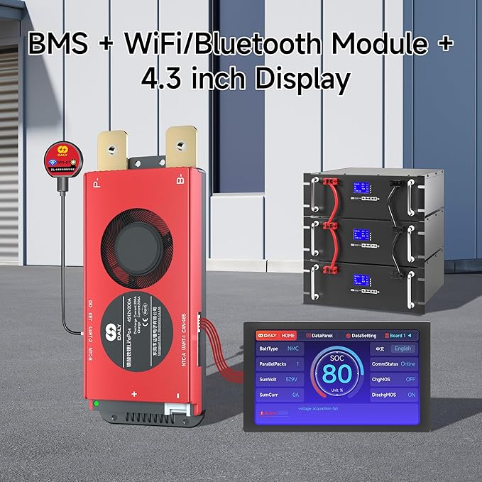 DALY BMS Balance 48V 500A Display - 5A Active Balance BMS 16S with 4.3 Inch LCD Touch Screen WiFi Bluetooth Module Supports RS485 CAN for LiFePO4 Battery Pack Golf Carts Electric Outboard Motors Solar