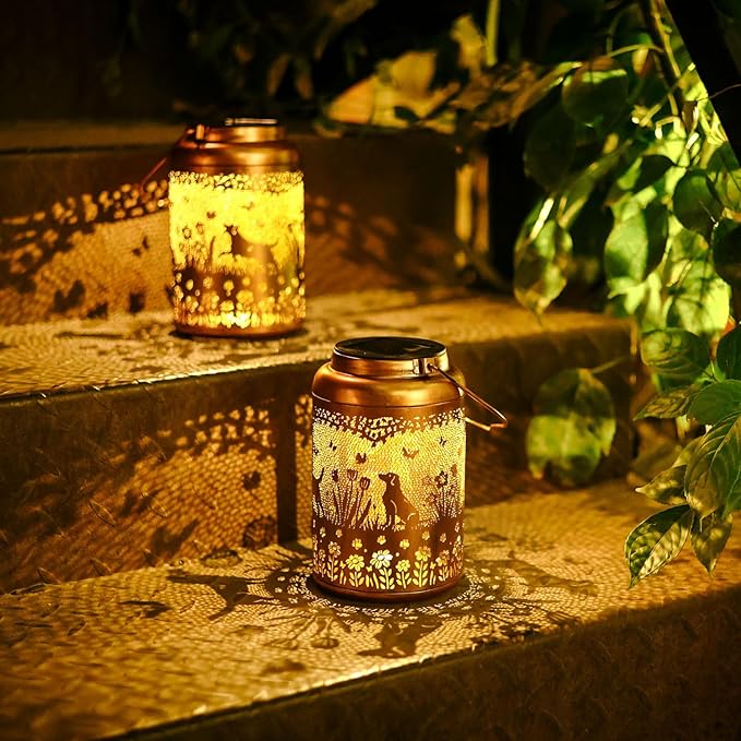 Mothers Day Gifts Dog Solar Lanterns Outdoor Waterproof Garden Decor Solar Lights Gifts for Women Men Mom Hanging Lantern LED Light Metal Dog Decoration Outside for YardLawnPorchPatioTabletop