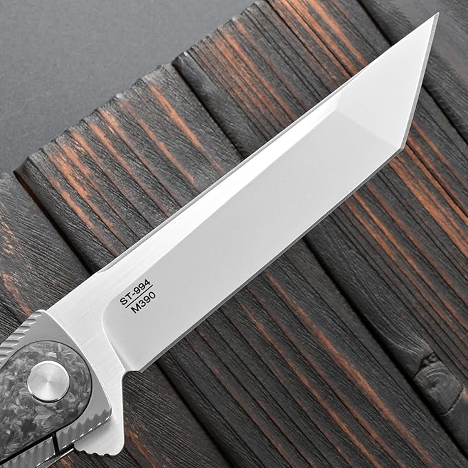 Sitivien ST994 Folding KnifeHandmade M390 Brushed Steel Blade Titanium Carbon Fiber Handle EDC Tool Knife for Outdoor Camping Hiking Survival Working(Gray)