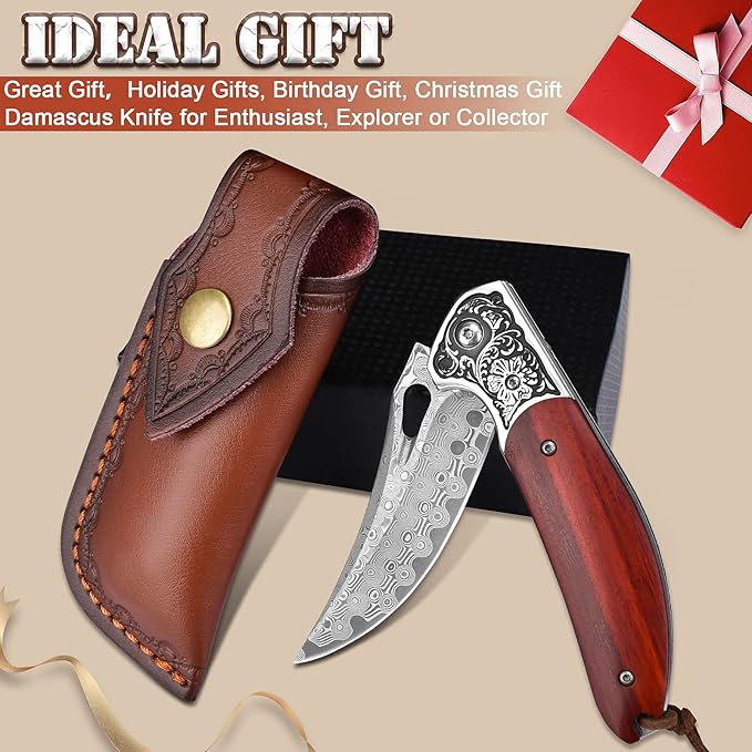 KOMWERO Damascus Pocket Knife for Men Women Sharp VG10 Core Damascus Steel Knife for Outdoor Camping Survival Hunting - Wood Handle Ball Bearing Leather Sheath Liner Lock