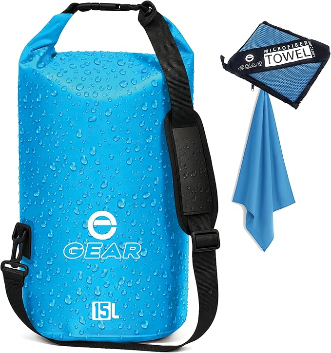 Enthusiast Gear Dry Bag 15L – Waterproof Floating Roll Top Dry Sack for Kayaking Boating Camping &amp Beach – Includes Quick Dry Microfiber Towel (Blue)