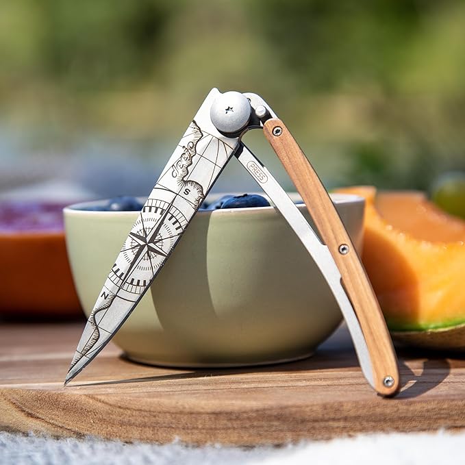 deejo - 37G Folding Pocket Knife with Belt Clip - Terra Incognita Design 3.7-Inch Stainless Steel Blade Olive Wood Handle - Lightweight Everyday Carry for Home Work and Outdoor Use
