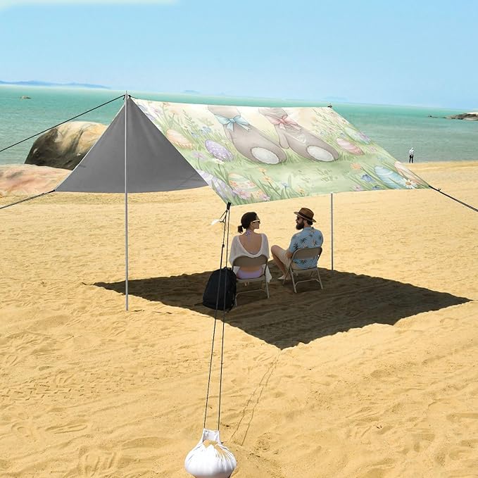Beach Canopy with Windproof Ropes &amp Sandbags Beach Tent Sun Shade Sun Shelter for Camping Trips Fishing Backyard Fun or Picnics Easter Bunny