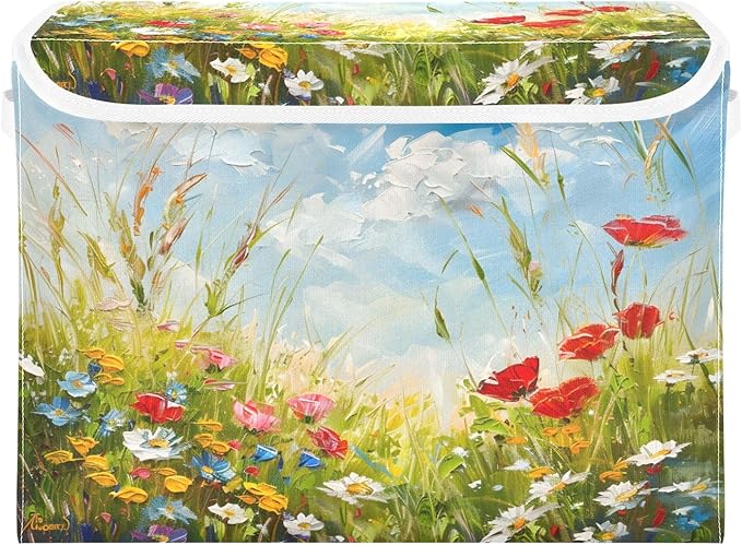 senya Large Storage Bins with Linen Oil Painting Flower Collapsible Foldable Storage Cubes Fabric Closet Organizer Containers Box with Flip-Top Lid for Home Bedroom Office 16.7 x 12.6 x 11.8in