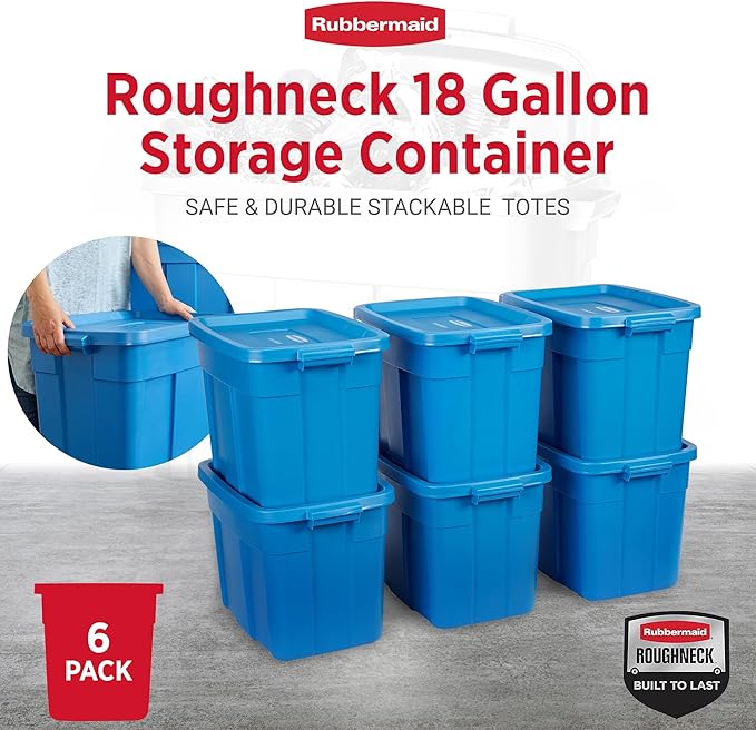 Rubbermaid Roughneck Tote 18 Gal 6 Pack Made in USA Heritage Blue Rugged Plastic Stackable Storage Bins with Lids and Handles
