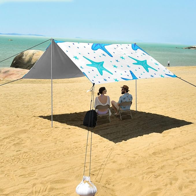 xigua Starfish Beach Tent Sun Shelter with Carrying Bag - Silver Coated Oxford Fabric Beach Canopy for Beach Camping Fishing - Includes Windproof Ropes Sandbags &amp Stakes