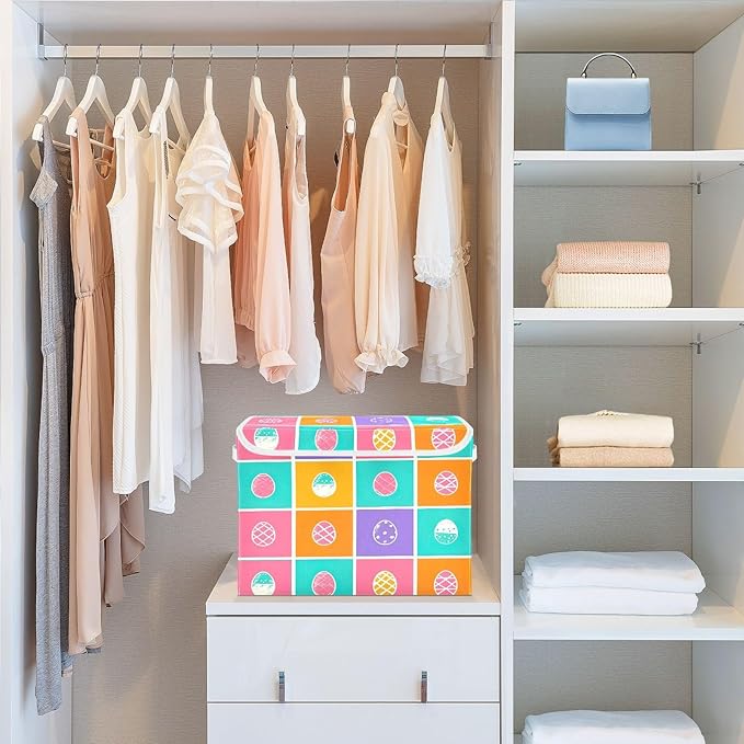 Christmas Storage Baskets with Lids Colorful Eggs Collapsible Bins Stackable Fabric Linen Baskets Closet Organizer Container 16.5x12.6x11.8