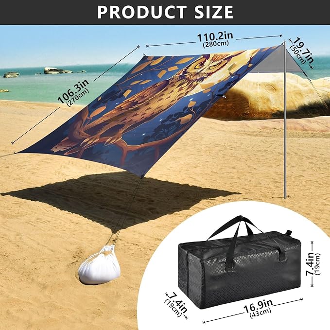ALAZA Owl Starry Sky Moon Beach Tent Sun Shelter UPF50+ Protection Beach Shade Canopy w/ 4 Sandbags for Outdoor Camping Fishing Backyard Fun Picnic 10x9 ft