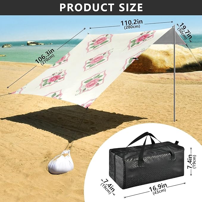 xigua Rose Beach Tent Sun Shelter with Carrying Bag - Silver Coated Oxford Fabric Beach Canopy for Beach Camping Fishing - Includes Windproof Ropes Sandbags &amp Stakes