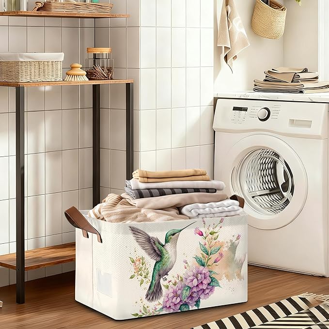 32L Large Storage Bins with Handles Basket Organizer for Shelves Closet Books Laundry &amp Home Decor (Hummingbird Flower)