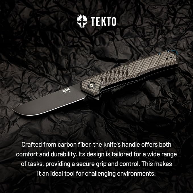 TEKTO F1 Alpha Folding Pocket Knife - Modified Straight Back BladeTitanium Coated D2 Steel Ideal for Outdoor Camping and Backpacking Tactical Carbon Fiber Handle Blue Titanium Accents