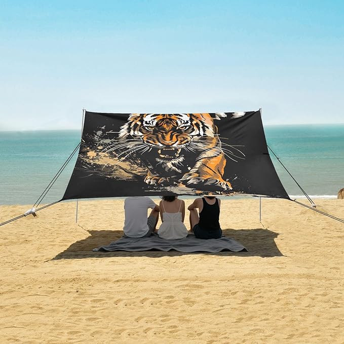 ALAZA Tiger Swooping Howling Beach Tent Sun Shelter UPF50+ Protection Beach Shade Canopy w/ 4 Sandbags for Outdoor Camping Fishing Backyard Fun Picnic 10x9 ft