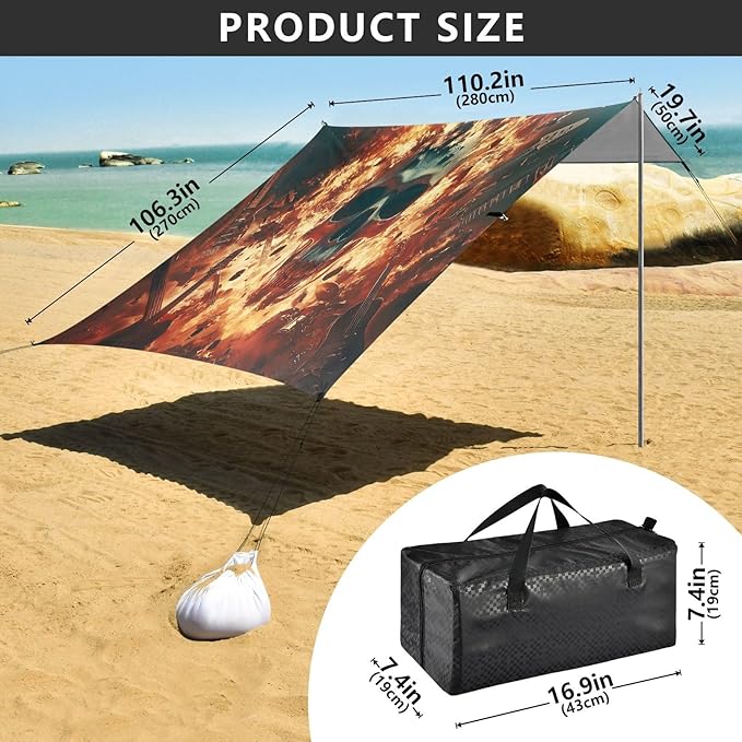 Flaming Guitar Skull Rock Beach Tent Sun Shelter Set UPF50+ UV Protection 10.5 x 9.19 FT Camping Shade Canopy with Sandbags Sand Anchors Carrying Bag and Others