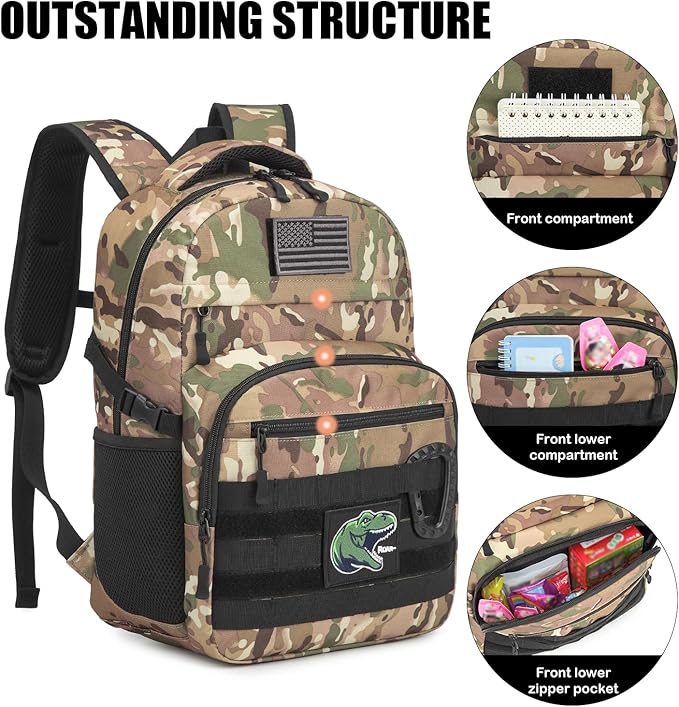 Kids Tactical Backpack Army Molle Bookbag Military Boys Backpack for School Outdoor Camping (Includes 2 Patches+1Carabiner) CM