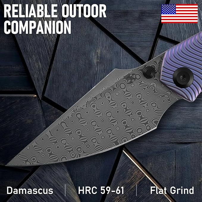 KANSEPT Fenrir Pocket Knife 3.48 Damascus Blade with Flipper and Thumb Stud Frame Lock for Camping Outdoor with Purple Anodized Titanium Handle and Micro-Milled Water Ripple Texture K1034C5