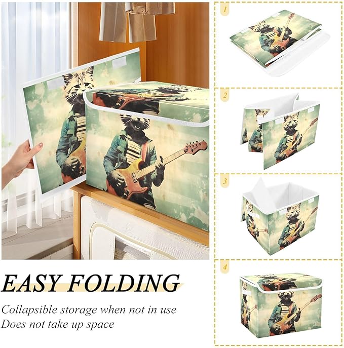 Storage Cube with Lid Cat Playing Guitar Print 16.5×12.6×11.8 IN 1 Pack Collapsible Large Capacity Foldable Storage Basket Bin Organizer