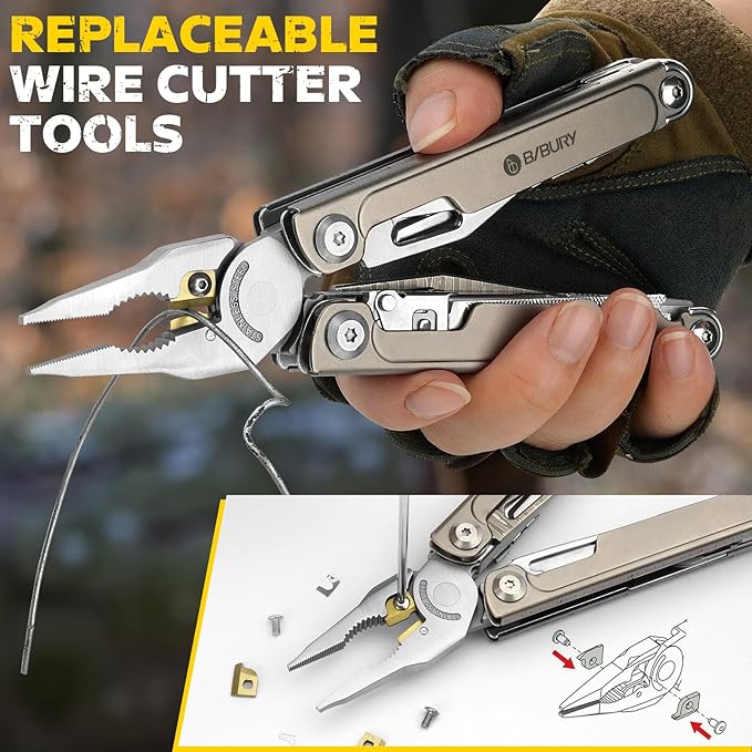 BIBURY Titanium Alloy Multitool with Damascus Knife EDC Multi tools with Replaceable Wire Cutters Scissors Screwdriver Bits Titanium Handle Multi-Tool for Camping Survival Repair - BI2049TI