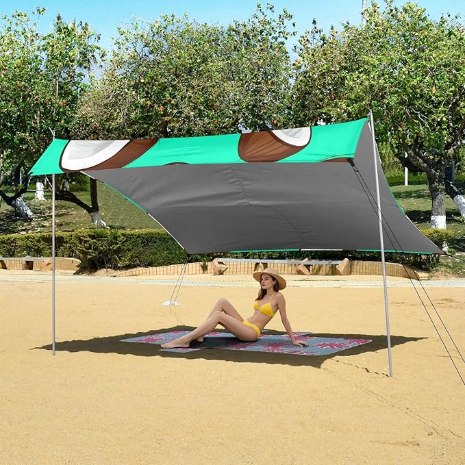 xigua Coconuts Beach Tent Sun Shelter with Carrying Bag - Silver Coated Oxford Fabric Beach Canopy for Beach Camping Fishing - Includes Windproof Ropes Sandbags &amp Stakes