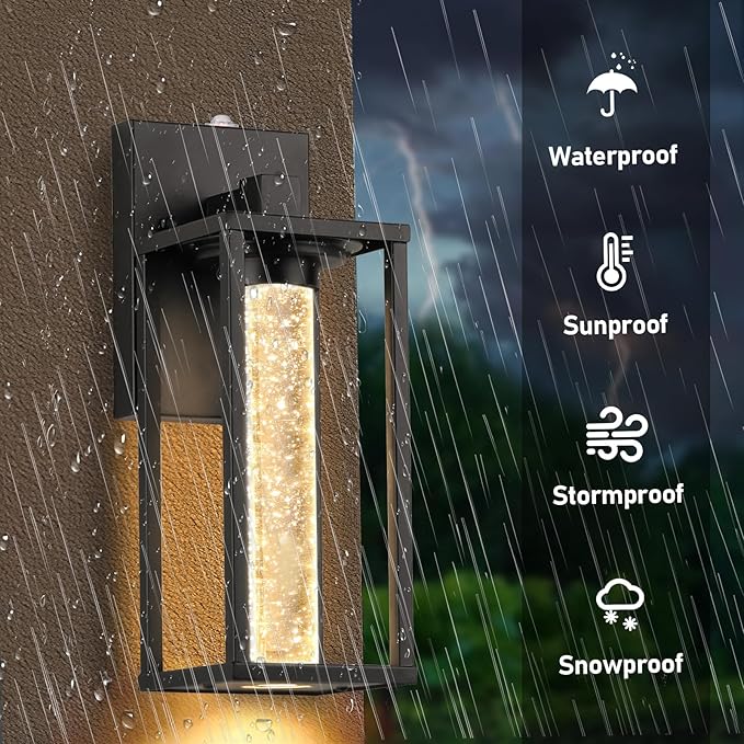 WIHTU Dusk to Dawn Porch Light Sensor Outdoor Light Fixture for House with Crystal Bubble Modern Matte Black Exterior Lighting Fixtures 2 Pack Outside Lanterns for Garage Entryway