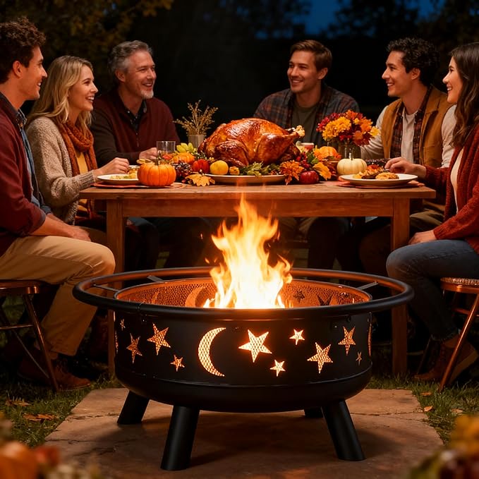 32 Round Wood Burning Fire Pit with Mesh Cover Fire Poker Star &amp Moon Cutouts Metal Outdoor Firepit for Patio Backyard Garden Bonfire Camping Christmas Thanksgiving Halloween