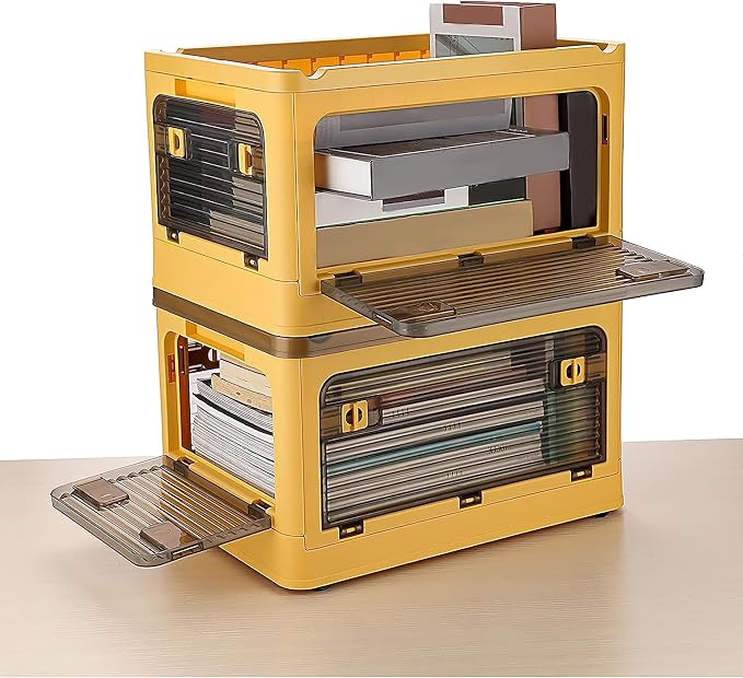 Folding Storage Bins 28 Liters 2 Pcs Yellow Plastic Storage Containers with Wheels Four Doors Foldable Stackable Plastic Box with Lids for Organization Storage Cart