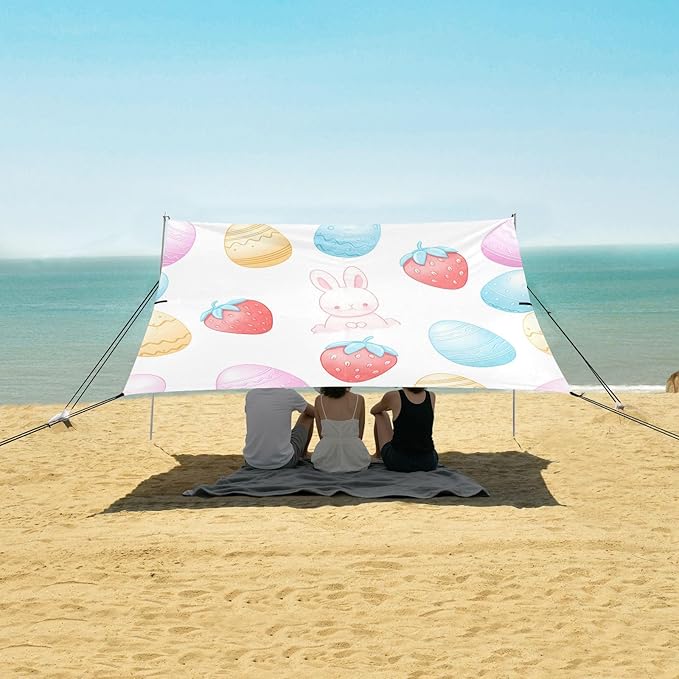 xigua Easter Bunny Beach Tent Sun Shelter with Carrying Bag - Silver Coated Oxford Fabric Beach Canopy for Beach Camping Fishing - Includes Windproof Ropes Sandbags &amp Stakes
