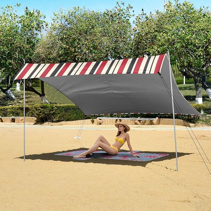 ALAZA Red &amp Black Stripes Beach Tent Sun Shelter UPF50+ Protection Beach Shade Canopy w/ 4 Sandbags for Outdoor Camping Fishing Backyard Fun Picnic 10x9 ft