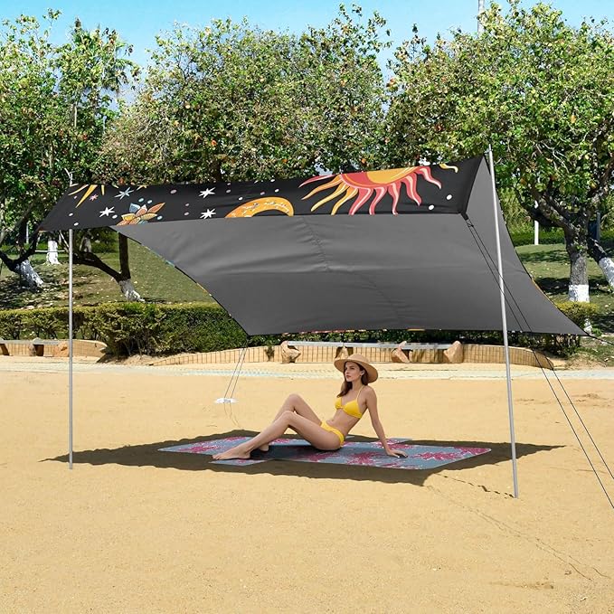 ALAZA Sun Moon Star Starry Sky Cartoon Beach Tent Sun Shelter UPF50+ Protection Beach Shade Canopy w/ 4 Sandbags for Outdoor Camping Fishing Backyard Fun Picnic 10x9 ft