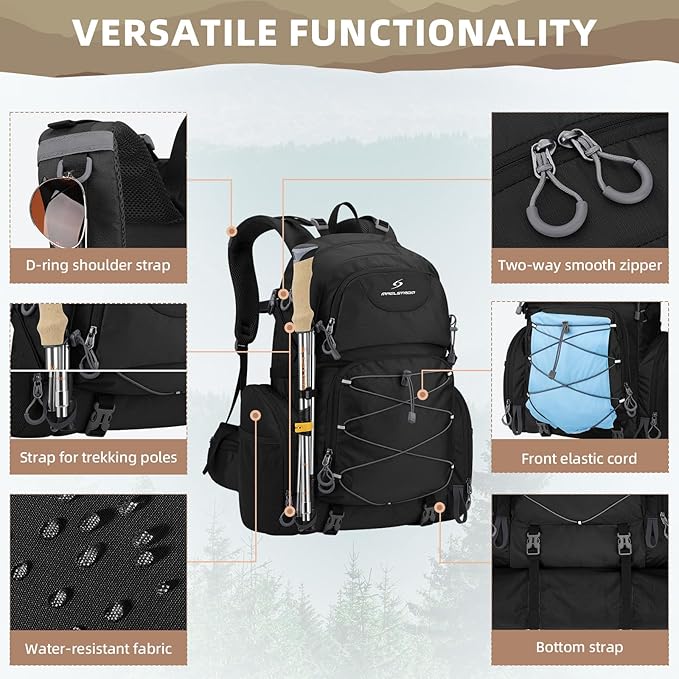 Maelstrom Hiking Backpack 40L Waterproof Camping Daypack for Men and Women Lightweight Travel Pack with Rain Cover (Black)