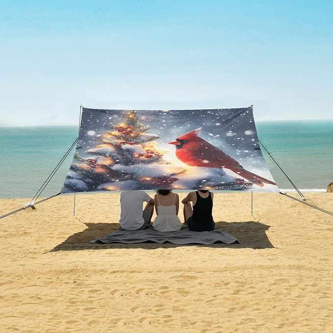 ALAZA Christmas Tree Cardinal Bird Beach Tent Sun Shelter UPF50+ Protection Beach Shade Canopy w/ 4 Sandbags for Outdoor Camping Fishing Backyard Fun Picnic 10x9 ft