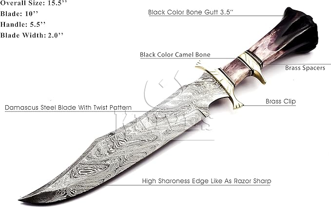 Noon Knives : Hand Made Damascus Steel Collectible Bowie Knife Handle Camel Bone (Black)
