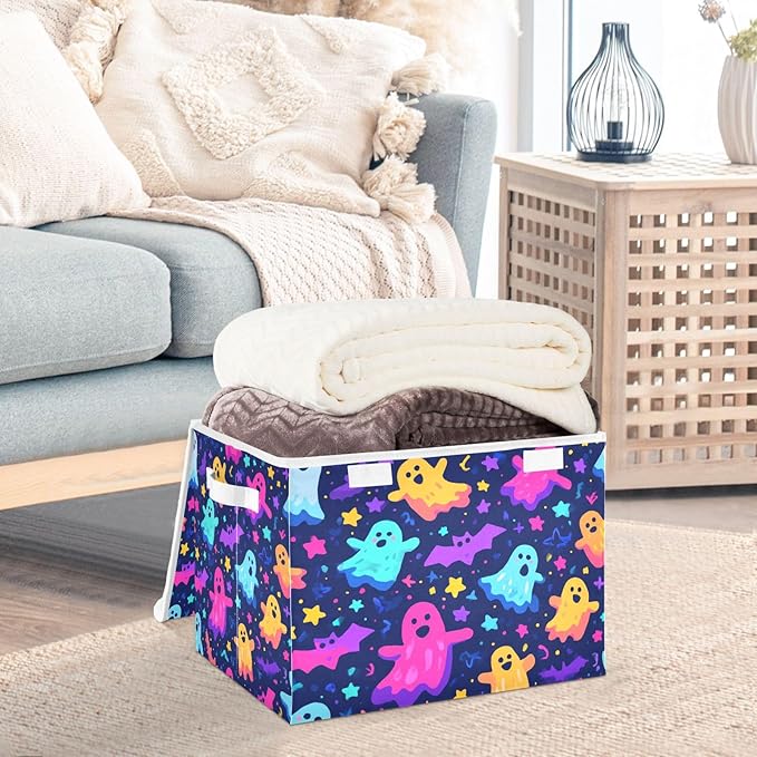 Storage Bins with Lids Storage Containers Box Organizer Bin Basket with Handles for Closet Shelves Clothes Stackable Foldable Decorative Neon Halloween Ghosts Stars Bats