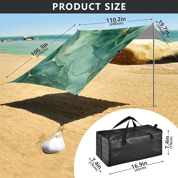 ALAZA Green Marble W/Gold Line Beach Tent Sun Shelter UPF50+ Protection Beach Shade Canopy w/ 4 Sandbags for Outdoor Camping Fishing Backyard Fun Picnic 10x9 ft