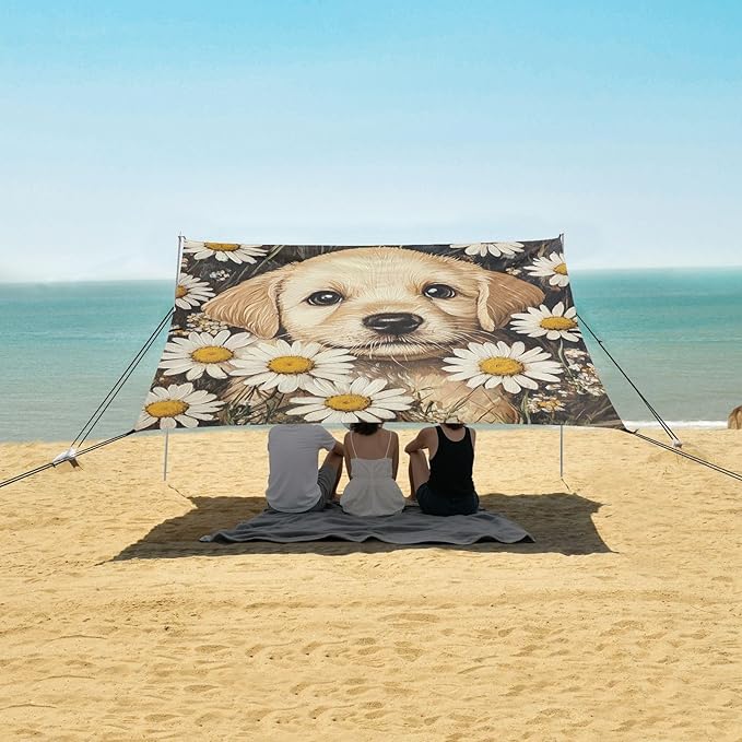 ALAZA Puppy Dog Daisy Flowers Beach Tent Sun Shelter Portable Canopy Sunshade for Outdoor Camping Picnics Backyard Fun 10x9 ft