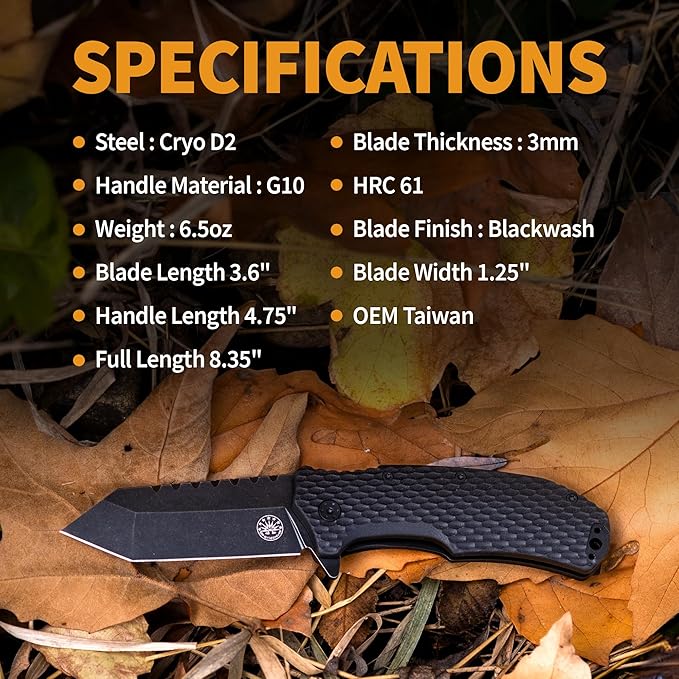 Off-Grid Knives - Rapid Fire Viper Assisted Tanto Blade Hard Use Build Tactical Camping &amp Survival EDC Cryo D2 Steel Blackwash G10 Scales Deep Pocket Carry (Blackout)