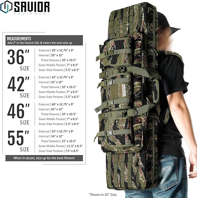 Savior Equipment American Classic Tactical Double Long Gun Bag Pistol Transportation Case w/Backpack Strap Lockable Compartment Available Length in 32 36 42 46 51 55