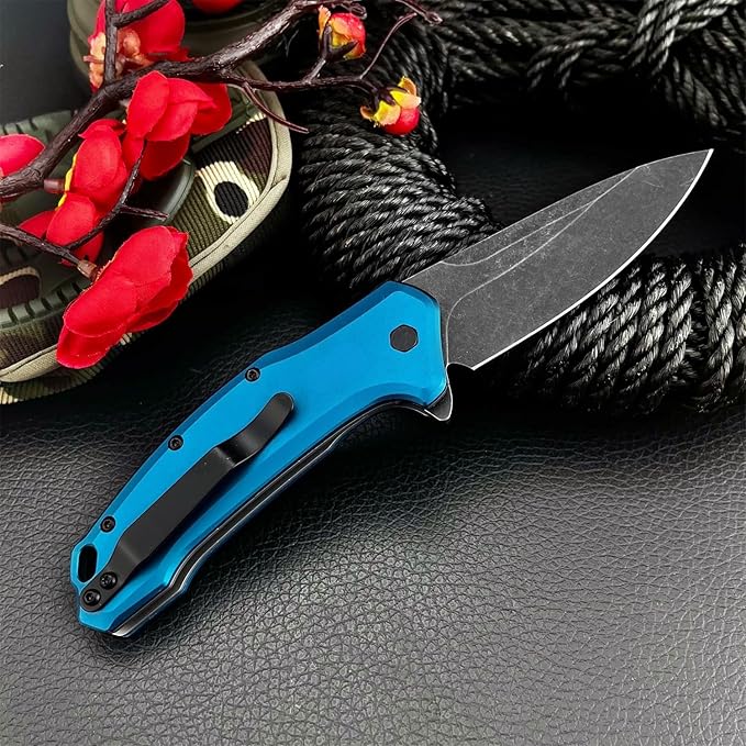 Outdoor Assisted Flipper Folding Pocket Knife 3.23 8Cr13Mov Steel Blade Blue Aluminum Handle EDC Knife for Camping Hiking Fishing Gift