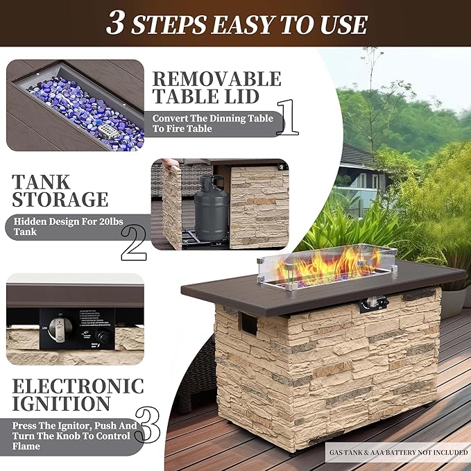 PIZZELLO 43 Inch Propane Fire Pit Table Outdoor Stone Firepit Table Rectangular 50000 BTU Gas Firepits for Outside Patio with Wind Guard Table Lid Fire Beads Cover Pizzello Caldo (Buff)