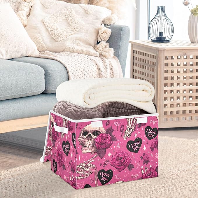Valentine Skull Roses Pink Storage Box with Lid 1 PC Foldable Storage Bin with Lids Stackable Storage Bins Cube Closet Organizer Basket with Flip-Top Lid &amp Handles for Shoes Books Towels