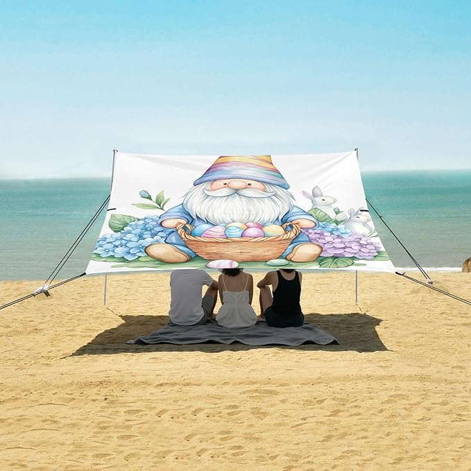 Beach Canopy with Windproof Ropes &amp Sandbags Beach Tent Sun Shade Sun Shelter for Camping Trips Fishing Backyard Fun or Picnics Easter Gnome
