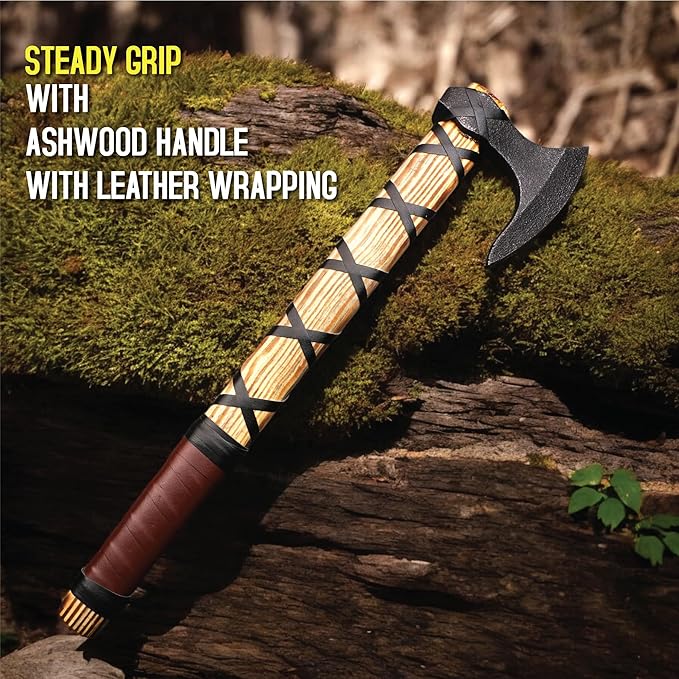 Viking Axe of Ragnar Lothbrook Carbon Steel Blade Rosewood Handle Camping Axe Viking Axes Hatchet Real Tomahawk Gift Wood Splitting Axe Birthday Gift with Premium Leather Sheath