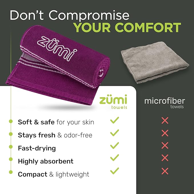 Zumi 100% Cotton Quick Dry Large Travel Towel - Soft Thin Compact Highly Absorbent Lightweight Camping Towel for Beach Gym Bath Shower Swimming Pool Dorm RV - Purple