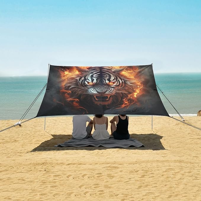 ALAZA Roaring Tiger Beach Tent Sun Shelter UPF50+ Protection Beach Shade Canopy w/ 4 Sandbags for Outdoor Camping Fishing Backyard Fun Picnic 10x9 ft