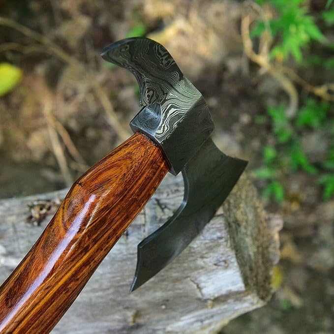 Handmade Damascus Steel Siking Tomahawk Axe for Camping Viking and Hnting Axe with Leather Sheath