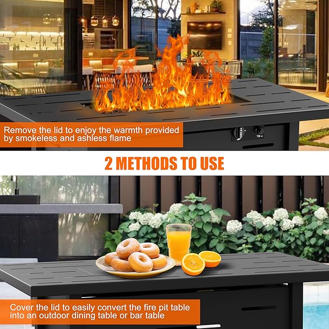 Walsunny 43 inch Outdoor Propane Fire Pit 50000 BTU Gas Fire Pit Table with Lid Waterproof Cover Rectangle Gas Firepit Table for Garden/Patio CSA Certification