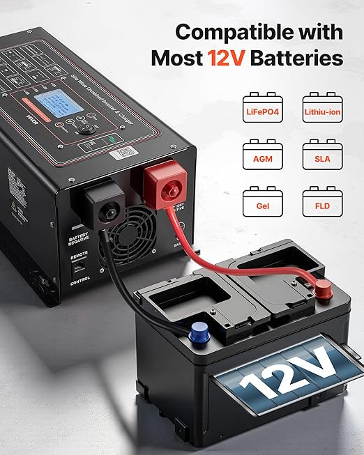 VEVOR Pure Sine Wave Inverter Charger 1200W DC 12V to AC 120V Power Inverter with LCD Display Remote Control Low Frequency for RV Camper Home Compatible with 12V LiFePO4 Lithium Batteries