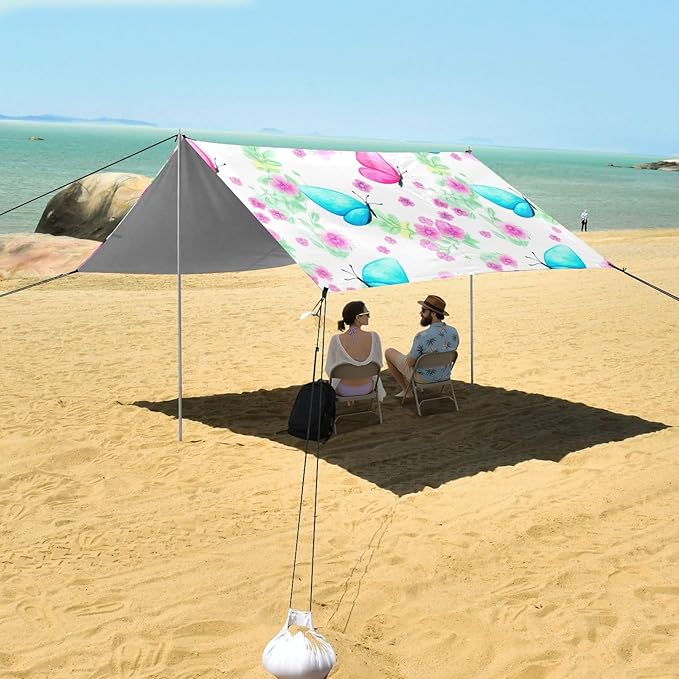 Beach Canopy with Windproof Ropes &amp Sandbags Beach Tent Sun Shade Sun Shelter for Camping Trips Fishing Backyard Fun or Picnics Butterfly